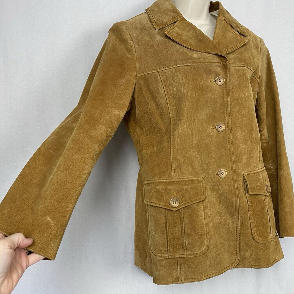 VINTAGE Columbia Suede Jacket Womens Medium Brown Pockets 70s Western Leather - Picture 3 of 13